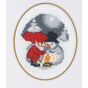 Snögubbe och tomte – julkort broderikit (9×13 cm)
