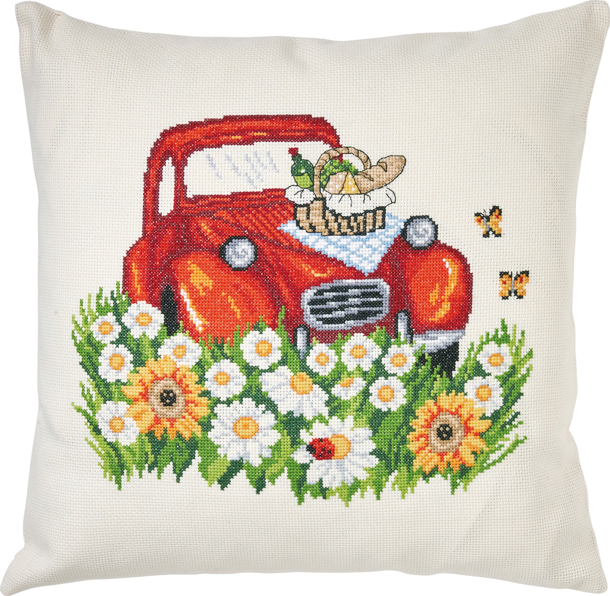 Röd bil på äng – broderikit (38×38 cm)